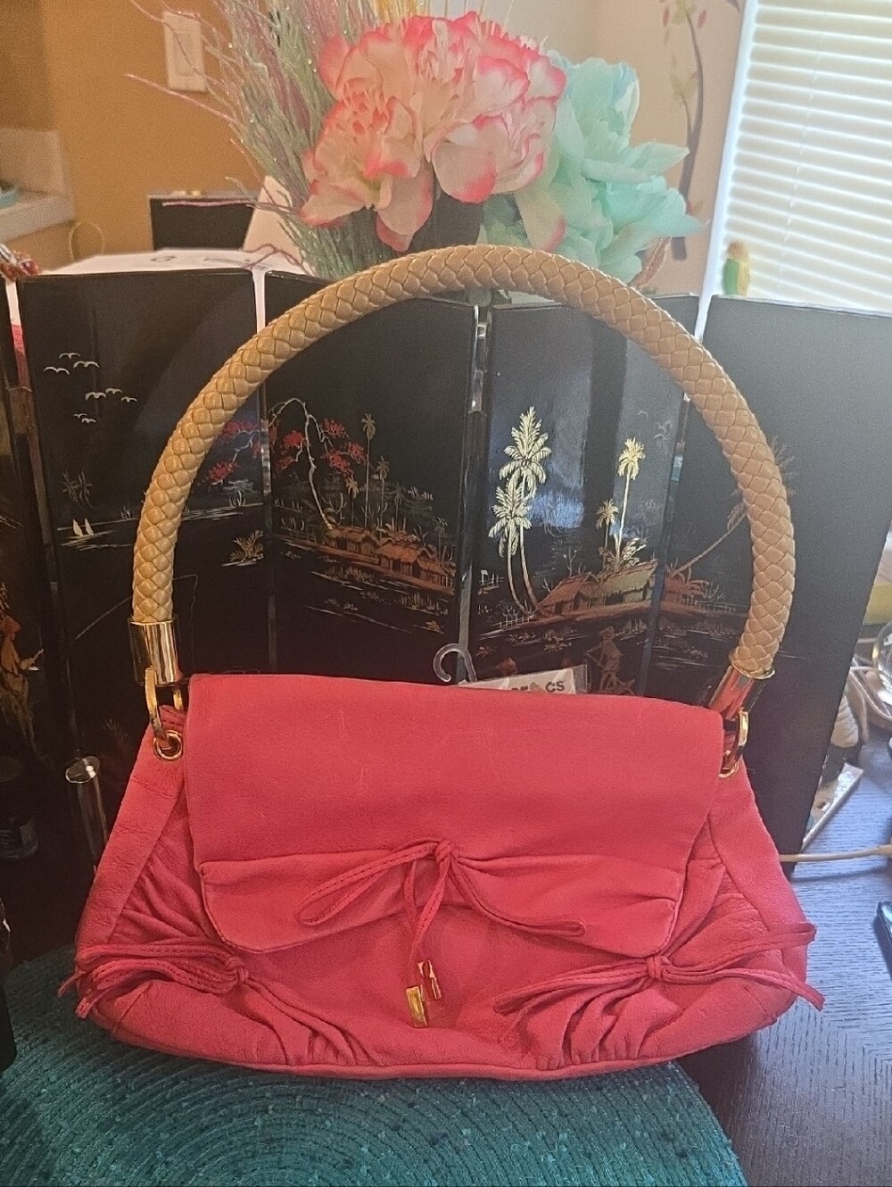 Gianni Bini Coral Pink Bow-Accent Shoulder Bag with Braided Tan Handle